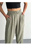 Kadın Yüksel Bel Beli Bağcıklı Cepli Rahat Paça Pantalon - Su Yeşili