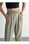 Kadın Yüksel Bel Beli Bağcıklı Cepli Rahat Paça Pantalon - Su Yeşili