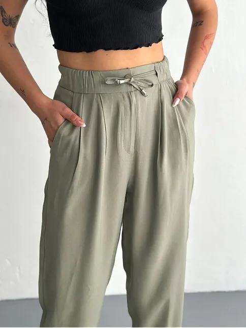 Kadın Yüksel Bel Beli Bağcıklı Cepli Rahat Paça Pantalon - Su Yeşili