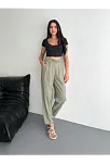 Kadın Yüksel Bel Beli Bağcıklı Cepli Rahat Paça Pantalon - Su Yeşili