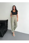Kadın Yüksel Bel Beli Bağcıklı Cepli Rahat Paça Pantalon - Su Yeşili