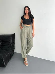 Kadın Yüksel Bel Beli Bağcıklı Cepli Rahat Paça Pantalon - Su Yeşili