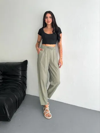 Kadın Yüksel Bel Beli Bağcıklı Cepli Rahat Paça Pantalon - Su Yeşili