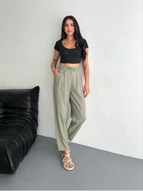 Kadın Yüksel Bel Beli Bağcıklı Cepli Rahat Paça Pantalon - Su Yeşili