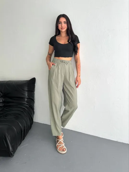 Kadın Yüksel Bel Beli Bağcıklı Cepli Rahat Paça Pantalon - Su Yeşili
