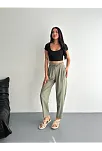 Kadın Yüksel Bel Beli Bağcıklı Cepli Rahat Paça Pantalon - Su Yeşili