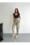 Kadın Yüksel Bel Beli Bağcıklı Cepli Rahat Paça Pantalon - Su Yeşili