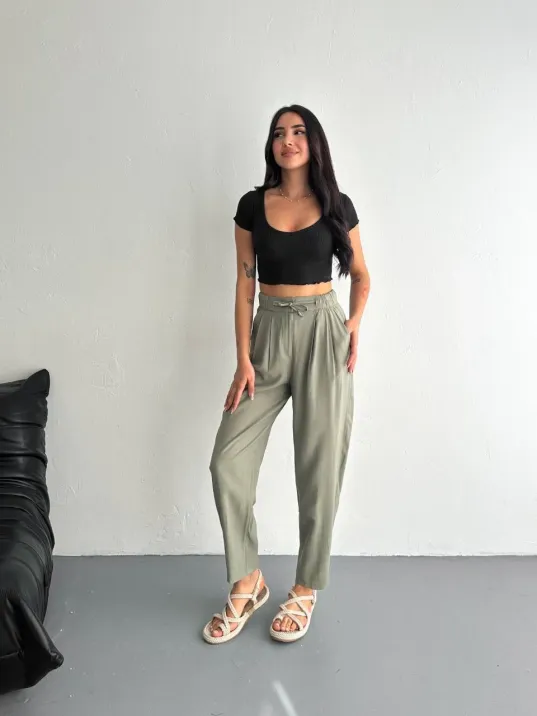 Kadın Yüksel Bel Beli Bağcıklı Cepli Rahat Paça Pantalon - Su Yeşili