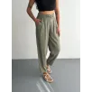 Kadın Yüksel Bel Beli Bağcıklı Cepli Rahat Paça Pantalon - Su Yeşili