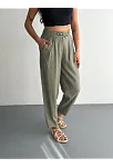 Kadın Yüksel Bel Beli Bağcıklı Cepli Rahat Paça Pantalon - Su Yeşili