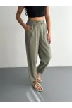 Kadın Yüksel Bel Beli Bağcıklı Cepli Rahat Paça Pantalon - Su Yeşili