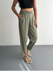 Kadın Yüksel Bel Beli Bağcıklı Cepli Rahat Paça Pantalon - Su Yeşili