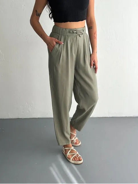 Kadın Yüksel Bel Beli Bağcıklı Cepli Rahat Paça Pantalon - Su Yeşili