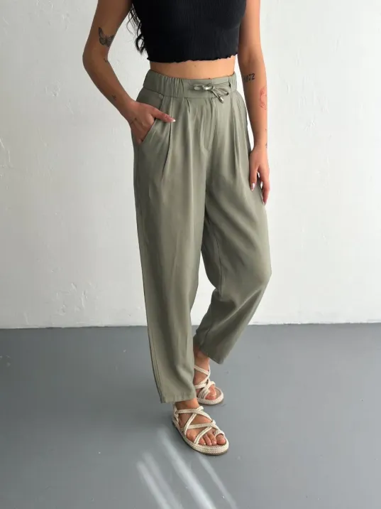 Kadın Yüksel Bel Beli Bağcıklı Cepli Rahat Paça Pantalon - Su Yeşili