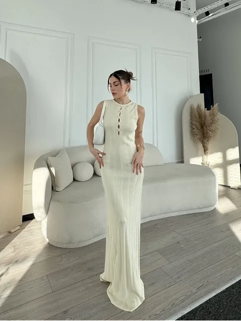 Kalın Fitilli Uzun Triko Elbise - Kırık Beyaz