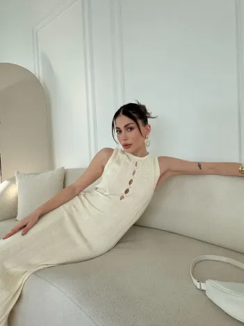 Kalın Fitilli Uzun Triko Elbise - Kırık Beyaz Kalın Fitilli Uzun Triko Elbise - Kırık Beyaz