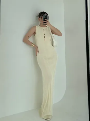 Kalın Fitilli Uzun Triko Elbise - Kırık Beyaz