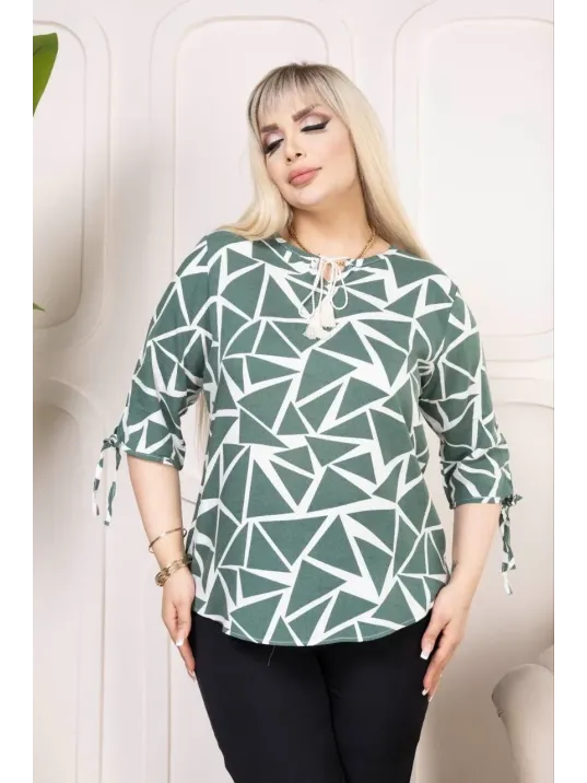 Kadın Desenli Püsküllü Viskon Bluz Bebe Yaka Kısa Kollu Big Size Rahat Kesim - Desenli