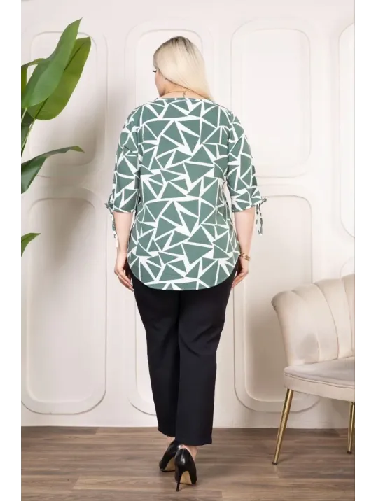 Kadın Desenli Püsküllü Viskon Bluz Bebe Yaka Kısa Kollu Big Size Rahat Kesim - Desenli