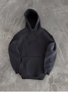 Kapüşonlu Üç İplik Penye Basic Sweatshirt - Füme