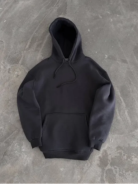 Kapüşonlu Üç İplik Penye Basic Sweatshirt - Füme
