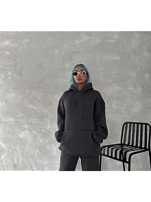 Kapüşonlu Üç İplik Penye Basic Sweatshirt - Füme