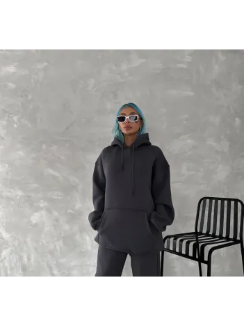 Kapüşonlu Üç İplik Penye Basic SweatShirt - Füme