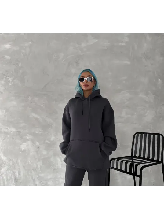 Kapüşonlu Üç İplik Penye Basic SweatShirt - Füme