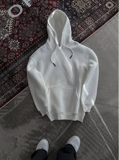 Kapüşonlu Üç İplik Penye Basic Sweatshirt - Beyaz