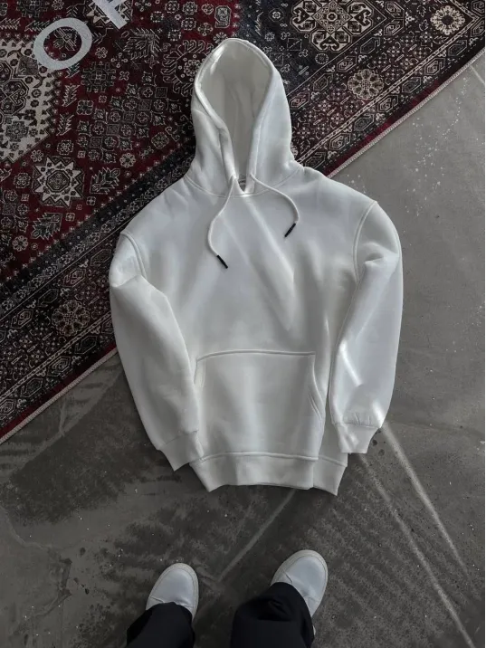 Kapüşonlu Üç İplik Penye Basic Sweatshirt - Beyaz Kapüşonlu Üç İplik Penye Basic Sweatshirt - Beyaz