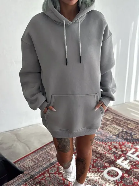 Kapüşonlu Üç İplik Penye Basic Sweatshirt - Boyalı Gri