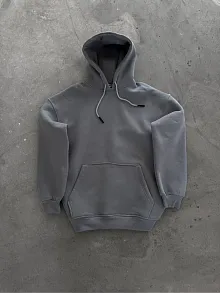 Kapüşonlu Üç İplik Penye Basic Sweatshirt - Boyalı Gri
