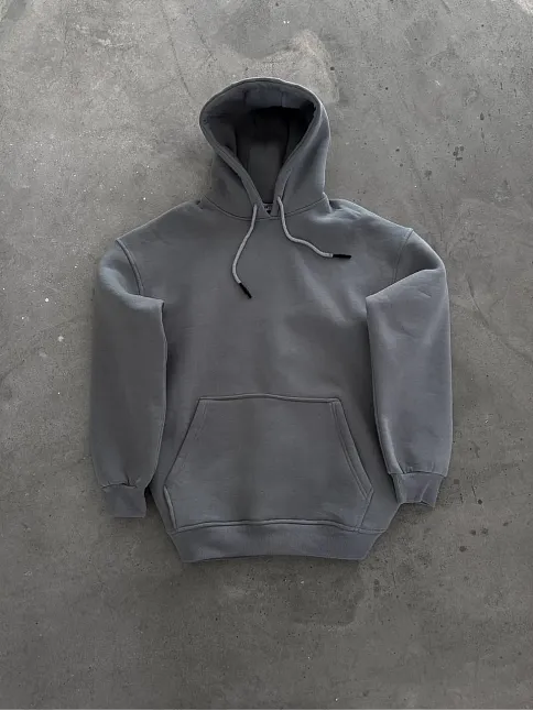 Kapüşonlu Üç İplik Penye Basic Sweatshirt - Boyalı Gri