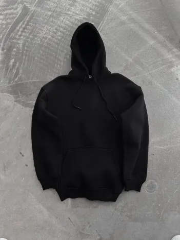 Kapüşonlu Üç İplik Penye Basic SweatShirt - Siyah