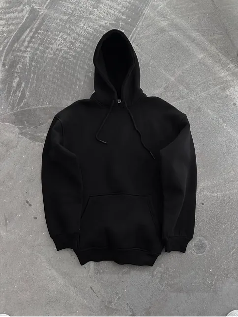 Kapüşonlu Üç İplik Penye Basic Sweatshirt - Siyah