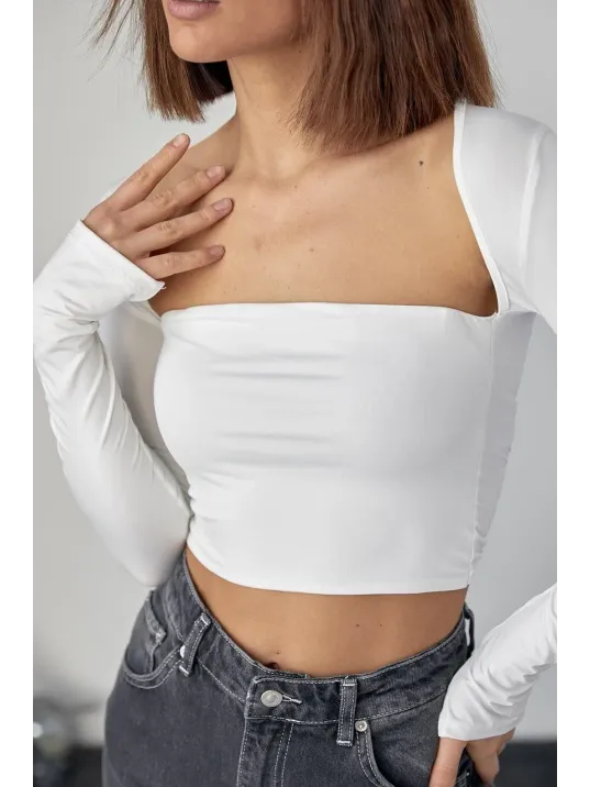 Kara Yaka Uzun Kollu Crop - Beyaz Kara Yaka Uzun Kollu Crop - Beyaz