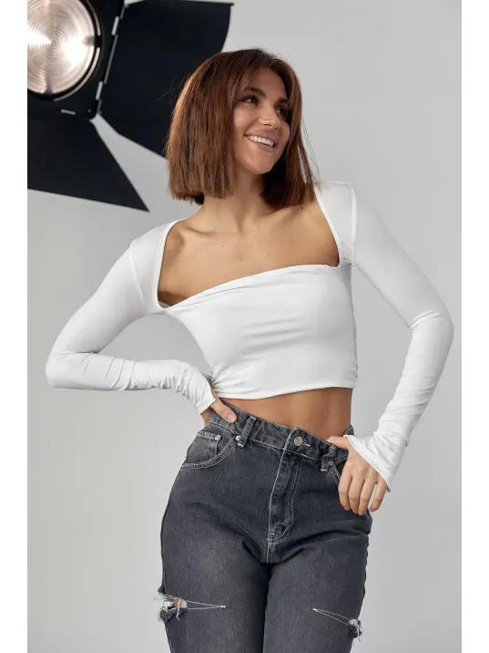 Kara Yaka Uzun Kollu Crop - Beyaz Kara Yaka Uzun Kollu Crop - Beyaz