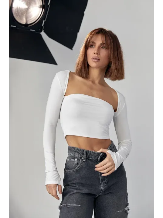 Kara Yaka Uzun Kollu Crop - Beyaz Kara Yaka Uzun Kollu Crop - Beyaz