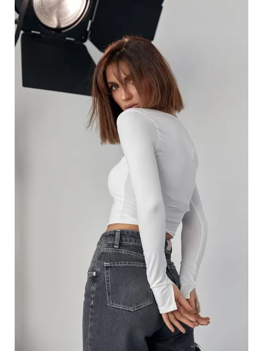 Kara Yaka Uzun Kollu Crop - Beyaz Kara Yaka Uzun Kollu Crop - Beyaz