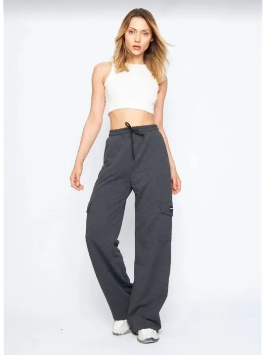 Kadın Yüksek Bel Kargo Cepli Palazzo Pantolon Oversize Bol Paça İki İplik Rahat Kesim - Antrasit