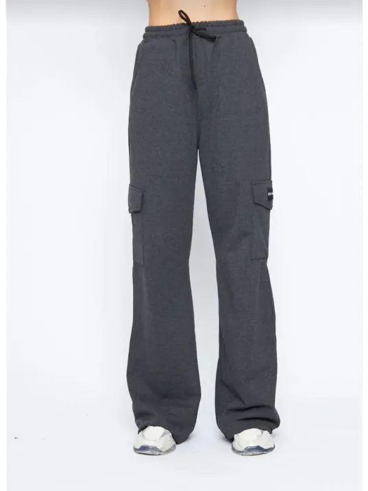 Kadın Yüksek Bel Kargo Cepli Palazzo Pantolon Oversize Bol Paça İki İplik Rahat Kesim - Antrasit