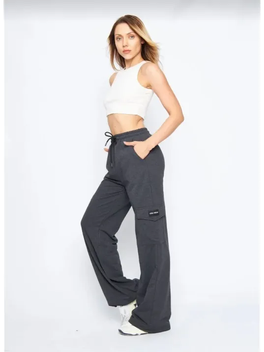 Kadın Yüksek Bel Kargo Cepli Palazzo Pantolon Oversize Bol Paça İki İplik Rahat Kesim - Antrasit