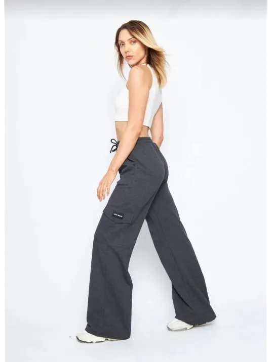 Kadın Yüksek Bel Kargo Cepli Palazzo Pantolon Oversize Bol Paça İki İplik Rahat Kesim - Antrasit