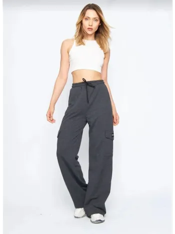 Kadın Yüksek Bel Kargo Cepli Palazzo Pantolon Oversize Bol Paça İki İplik Rahat Kesim - Antrasit