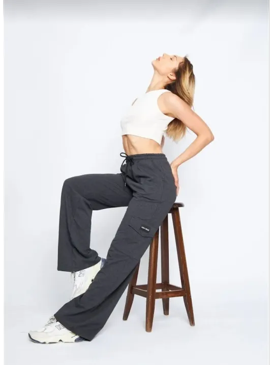 Kadın Yüksek Bel Kargo Cepli Palazzo Pantolon Oversize Bol Paça İki İplik Rahat Kesim - Antrasit