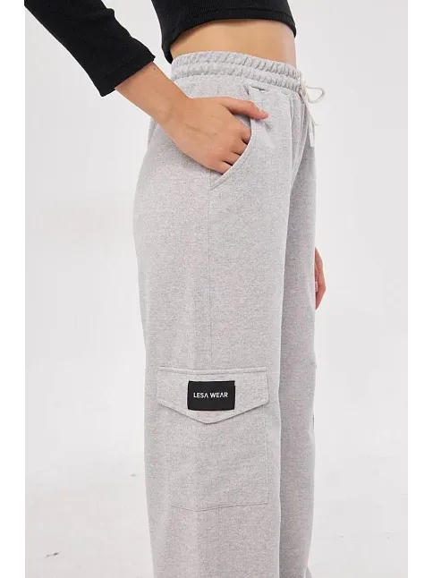 Kargo Cepli Palazzo Oversize Kesim İki İplik Bol Paça Eşofman Altı Pantalon - Gri