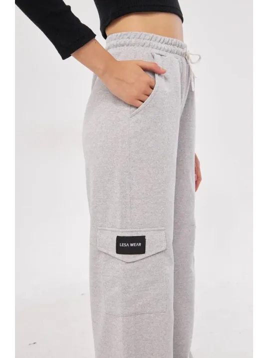 Kargo Cepli Palazzo Oversize Kesim İki iplik Bol Paça Eşofman Altı Pantalon - Gri