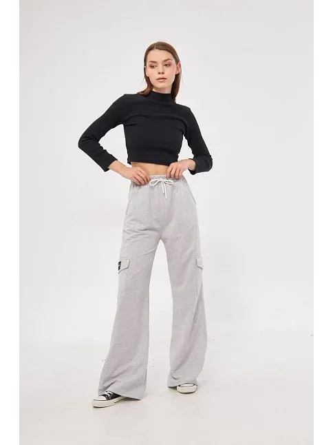 Kargo Cepli Palazzo Oversize Kesim İki İplik Bol Paça Eşofman Altı Pantalon - Gri
