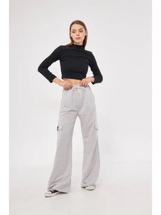 Kargo Cepli Palazzo Oversize Kesim İki iplik Bol Paça Eşofman Altı Pantalon - Gri