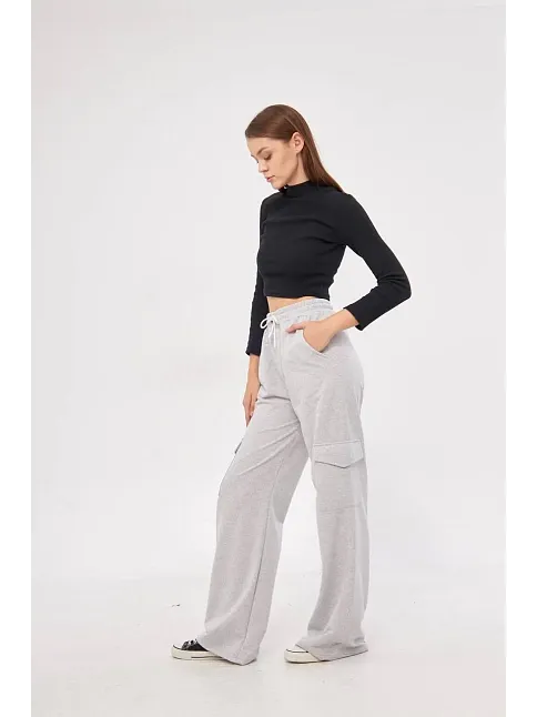 Kargo Cepli Palazzo Oversize Kesim İki İplik Bol Paça Eşofman Altı Pantalon - Gri